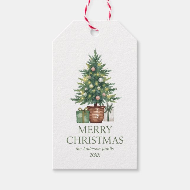 Étiquettes-cadeau Aquarelle rustique Arbre de Noël non photo (Devant)