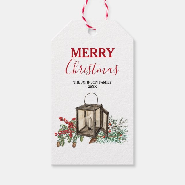 Étiquettes-cadeau Aquarelle rustique Berries à pin de Noël (Devant)