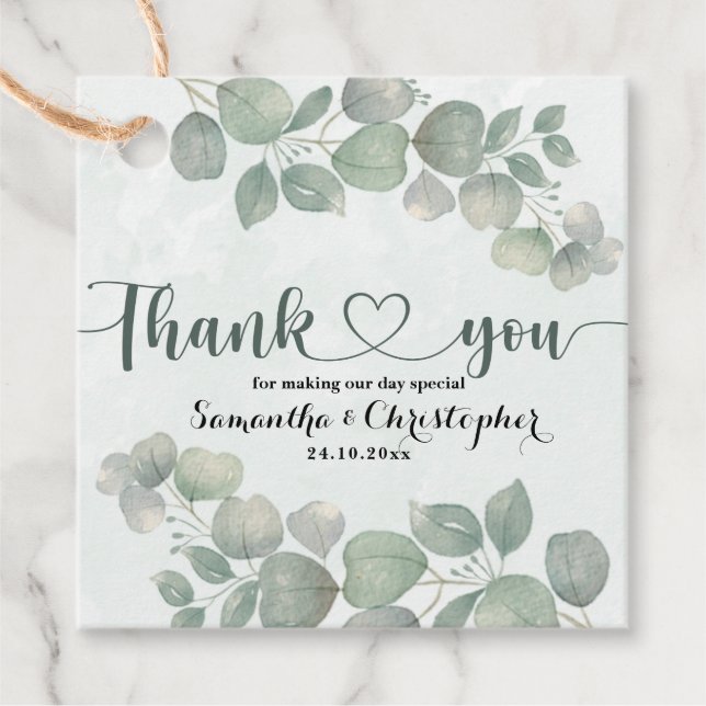 Étiquettes Cadeau Aquarelle rustique Eucalyptus Merci vert (Devant)