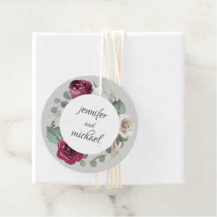 Étiquettes Cadeau Aquarelle rustique Floral Bourgogne et Roses blanc