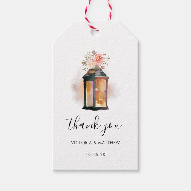 Étiquettes-cadeau Aquarelle rustique Floral Lanterne Mariage Merci (Devant)