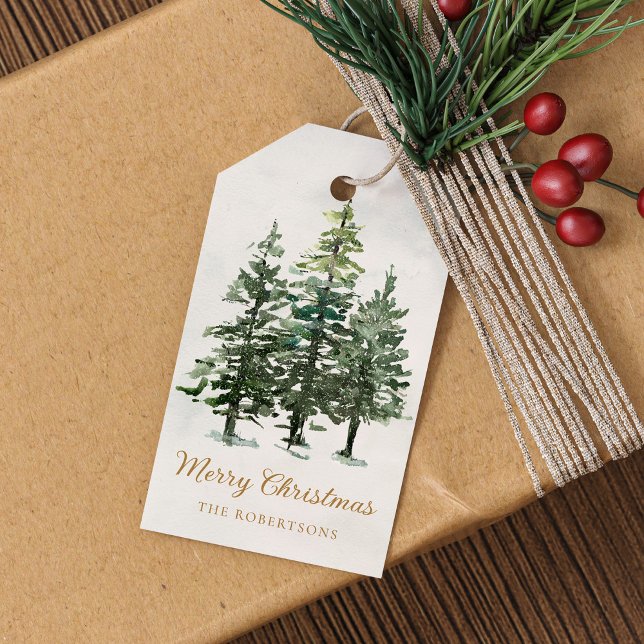 Étiquettes-cadeau Aquarelle Rustique Pin d'hiver Arbres Noël (Créateur téléchargé)