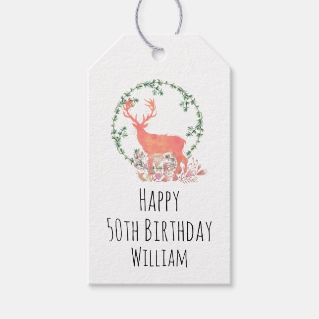 Étiquettes-cadeau Aquarelle Rustique Reindeer Boho Anniversaire (Devant)