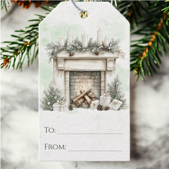 Étiquettes-cadeau Aquarelle rustique Vacances cheminée confortable N (Créateur téléchargé)