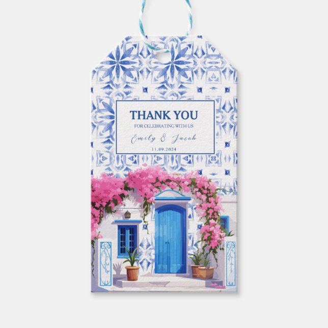 Étiquettes-cadeau Aquarelle Santorini Grèce mariage bleu et blanc (Devant)