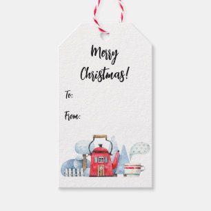 Étiquettes-cadeau Aquarelle Teapot House Arbres à neige De