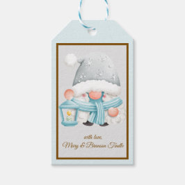 Étiquettes-cadeau Aquarelle tendance bleu et argent Gnome de Noël