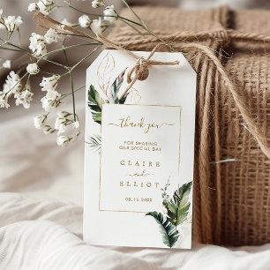 Étiquettes-cadeau Aquarelle Tropicale Foliage Mariage or Merci