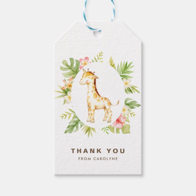 Étiquettes-cadeau Aquarelle tropicale Giraffe Merci d'été (Devant)