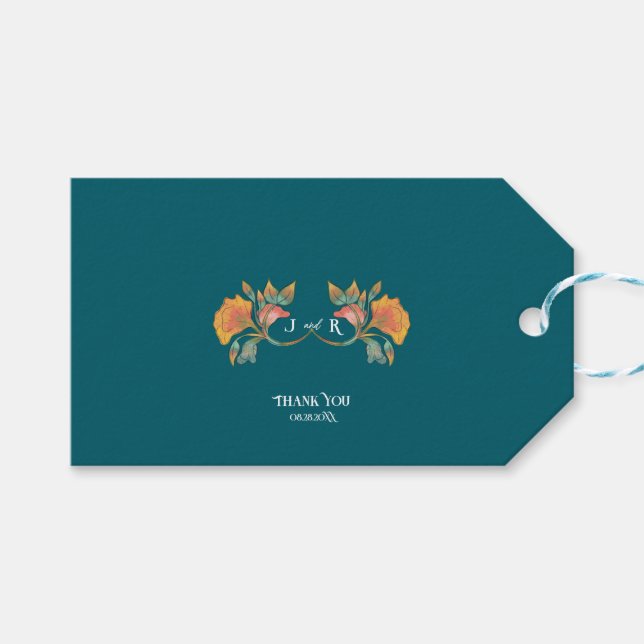 Étiquettes-cadeau Aquarelle turquoise Art Nouveau Mariage (Devant (Horizontal))