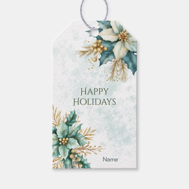 Étiquettes-cadeau Aquarelle Turquoise Floral Noël Cadeau de Noël (Devant)