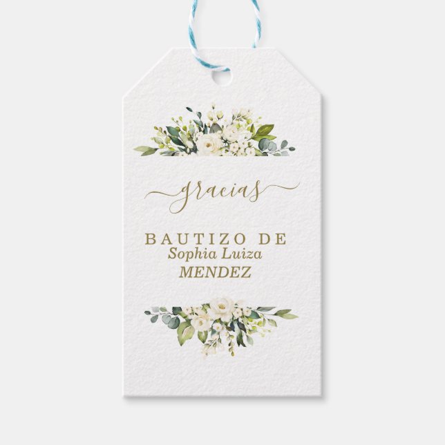Étiquettes-cadeau Aquarelle unique Fleurs blanches espagnol Bautizo (Devant)