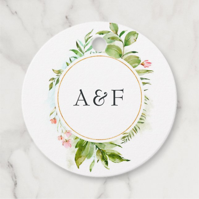 Étiquettes Cadeau Aquarelle Verdure Mariage monogramme (Devant)