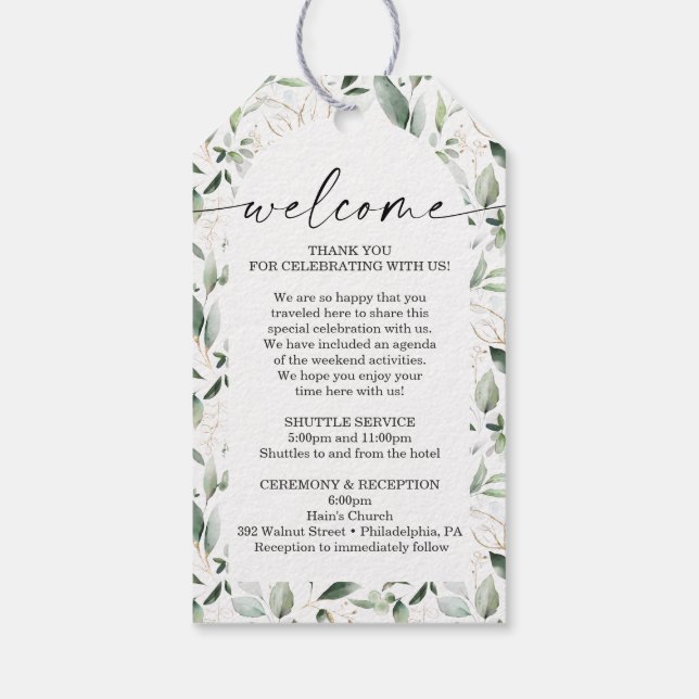 Étiquettes-cadeau Aquarelle Verdure Or Mariage Sac d'accueil Bienven (Dos)