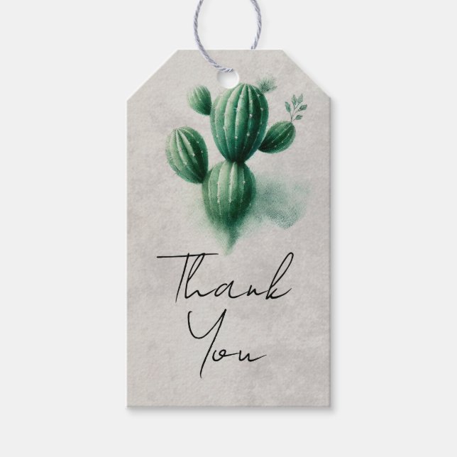 Étiquettes-cadeau Aquarelle Vert Cactus Gris Sud-Ouest Mariage (Devant)