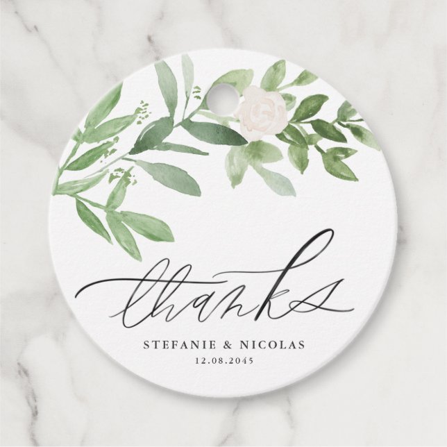 Étiquettes Cadeau Aquarelle vert et fleurs blanches Mariage (Devant)