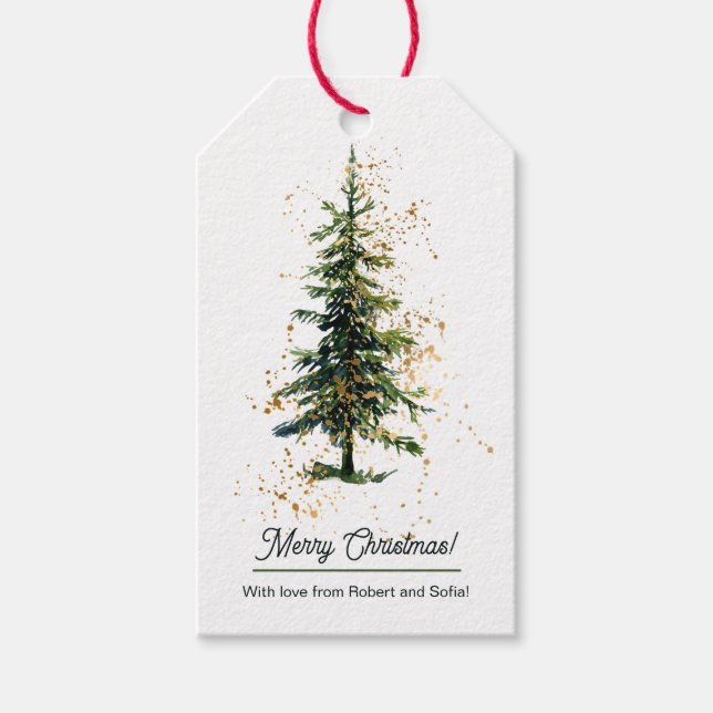 Étiquettes-cadeau Aquarelle verte Épinette Joyeux Noël Blanc (Devant)