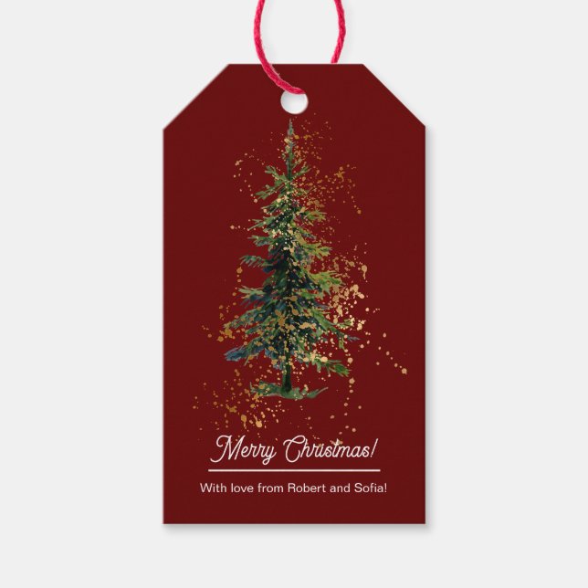 Étiquettes-cadeau Aquarelle verte Épinette Joyeux Noël Rouge (Devant)