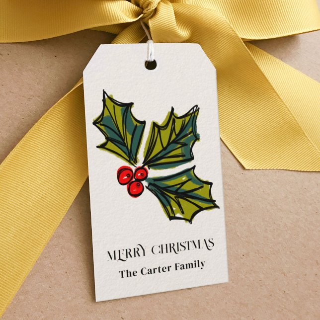 Étiquettes-cadeau Aquarelle verte et rouge Croquis Feuille Holly Ber (Hand-drawn holly berries Christmas gift tag.)