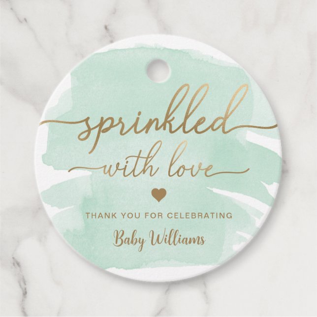 Étiquettes Cadeau Aquarelle Verte Parsemée De Baby shower D'Amour (Devant)