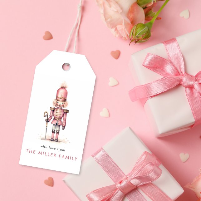 Étiquettes-cadeau Aquarelle vintage rose Noisette (Vintage Pink Nutcracker Watercolor Minimalistic Gift Tags)