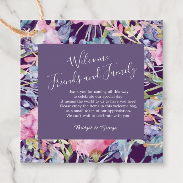 Étiquettes Cadeau aquarelle violette fleur sauvage verdure feuillage (Devant)