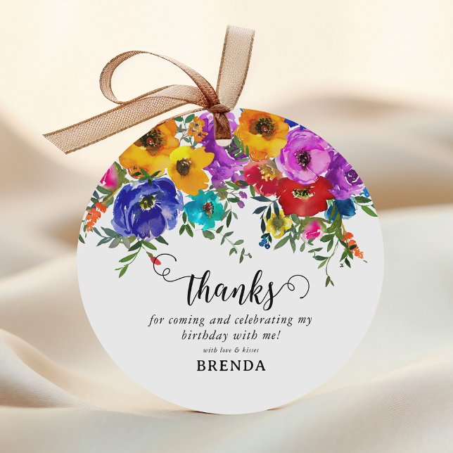 Étiquettes Cadeau Aquarelle vive et audacieuse Merci floral Annivers (Créateur téléchargé)