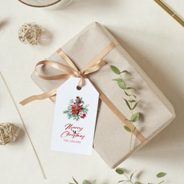 Étiquettes-cadeau Aquarelles Fleurs de Noël, feuilles, oiseaux (Créateur téléchargé)