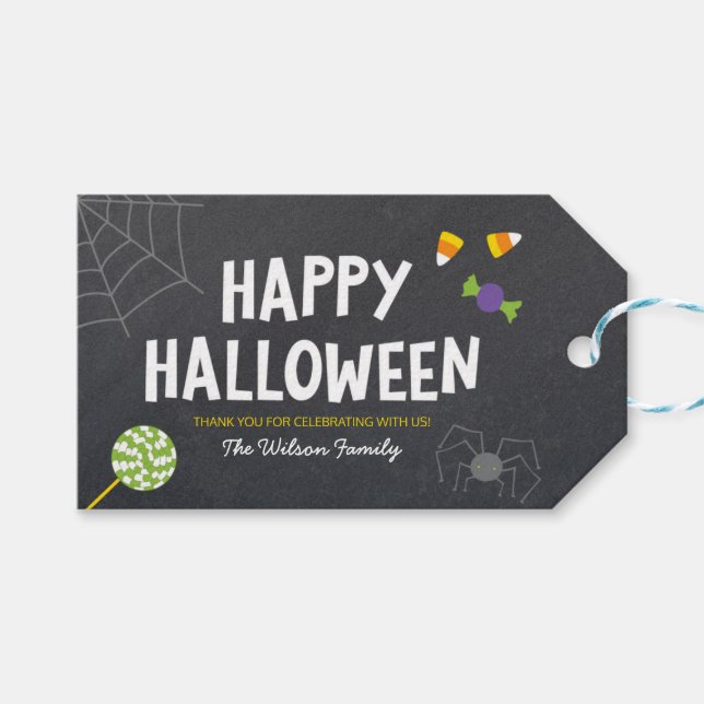 Étiquettes-cadeau Araignée et bonbons en tableau noir Halloween (Devant (Horizontal))