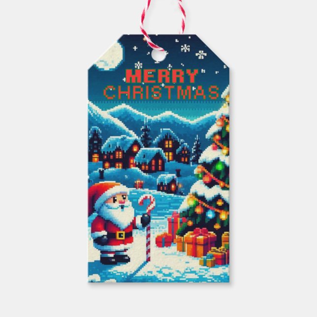 Étiquettes-cadeau Arbre de Noël 8 bits & Père Noël (Devant)