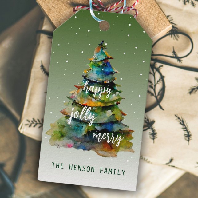 Étiquettes-cadeau Arbre de Noël Aquarelle Joyeux Jolly Happy (Créateur téléchargé)