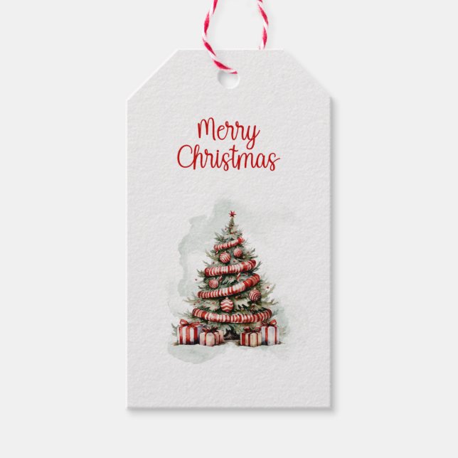 Étiquettes-cadeau Arbre de Noël blanc rouge traditionnel (Devant)