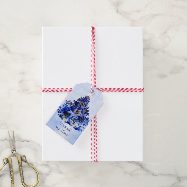 Étiquettes-cadeau Arbre de Noël bleu et flocons de neige (Avec de la ficelle)