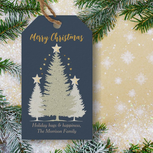 Étiquettes-cadeau Arbre de Noël bleu et or et étoiles (Blue and Gold Christmas Tree and Stars Gift Tags)