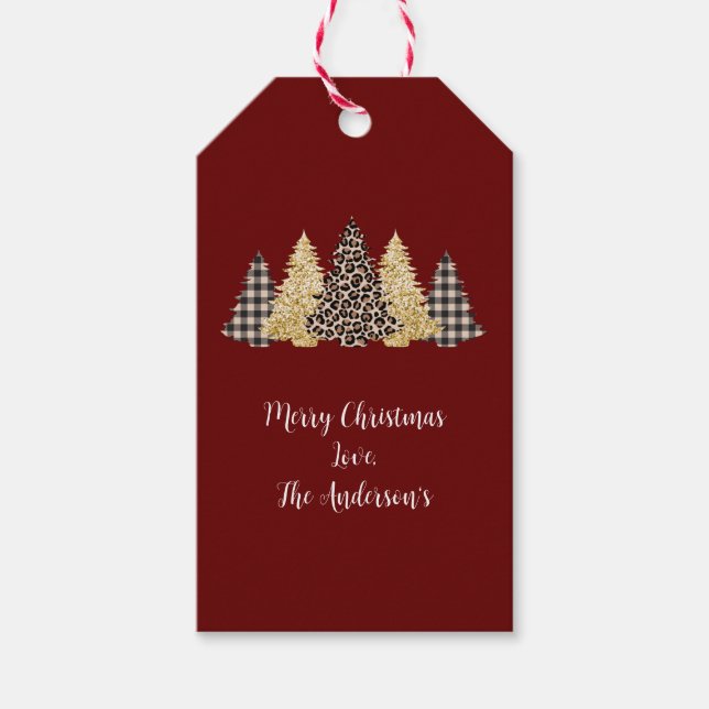 Étiquettes-cadeau Arbre de Noël Cheetah Imprimer Buffalo Plaid Parti (Devant)