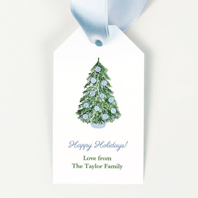 Étiquettes-cadeau Arbre de Noël classique Chinoiserie Joyeux jours f (simple and elegant christmas tree with blue and white chinoiserie ornaments merry christmas gift tag)