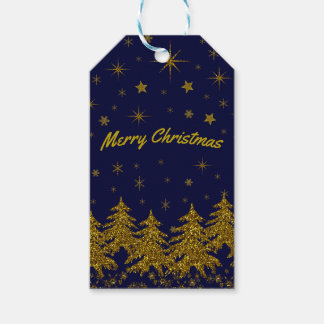 Étiquettes-cadeau Arbre de Noël en or brillant, étoiles, neige sur b