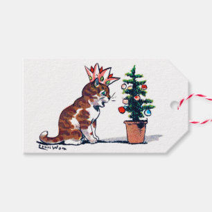 Étiquettes-cadeau Arbre de Noël et chaton, Louis Wain