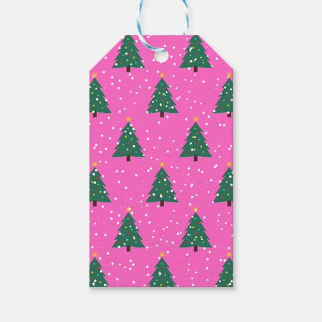 Étiquettes-cadeau Arbre de Noël et neige rose (Devant)