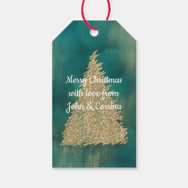 Étiquettes-cadeau Arbre de Noël étincelant Parties scintillant verte (Devant)