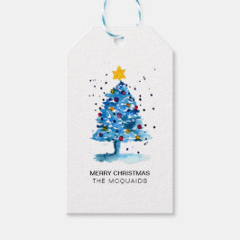 Étiquettes-cadeau Arbre de Noël moderne Aquarelle bleu