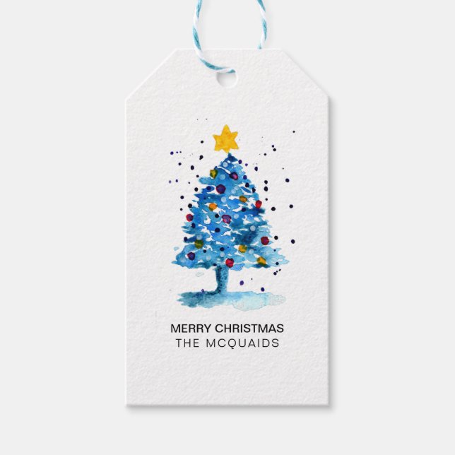 Étiquettes-cadeau Arbre de Noël moderne Aquarelle bleu (Devant)