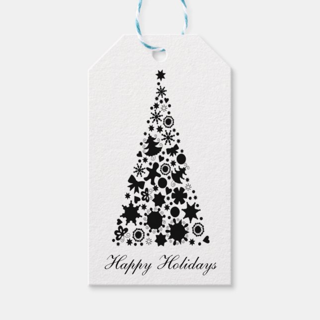 Étiquettes-cadeau Arbre de Noël noir et blanc (Devant)