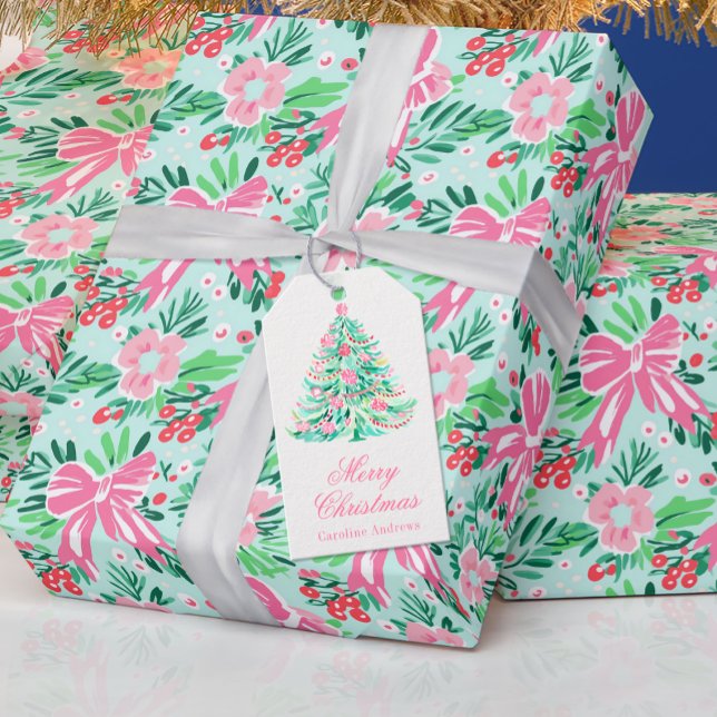 Étiquettes-cadeau Arbre de Noël rose et vert Preppy (Créateur téléchargé)