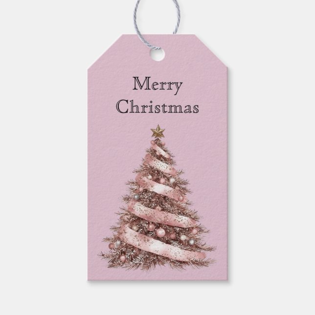 Étiquettes-cadeau Arbre de Noël rose Rose (Devant)