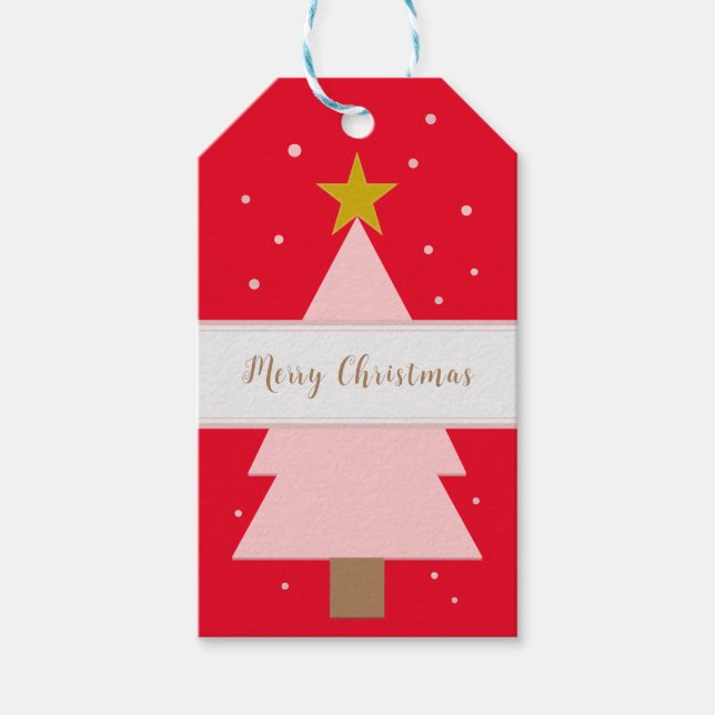 Étiquettes-cadeau Arbre de Noël rose solo personnalisé, Rouge étoile (Devant)