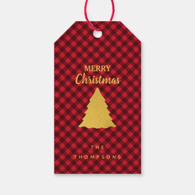 Étiquettes-cadeau Arbre de Noël Rouge et Noir Buffalo Plaid (Devant)