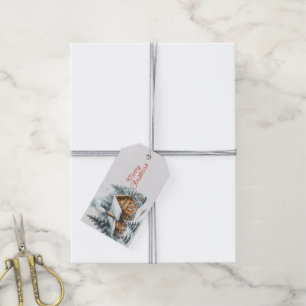 Étiquettes-cadeau Arbres à neiges de la maison en rondins Fumée Chim