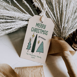 Étiquettes-cadeau Arbres de Noël Abstraits Peints Verts Dessinés à l