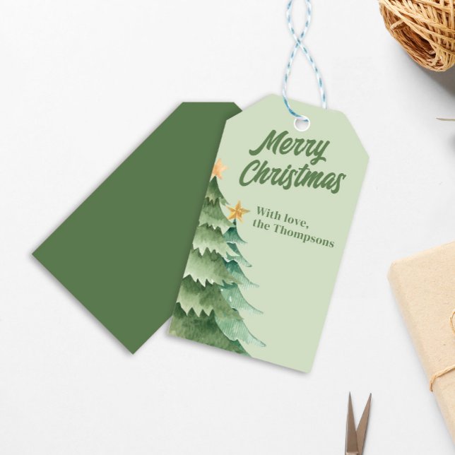 Étiquettes-cadeau Arbres de Noël Aquarelle verte personnalisée (Merry Christmas festive green Christmas trees gift tag. )